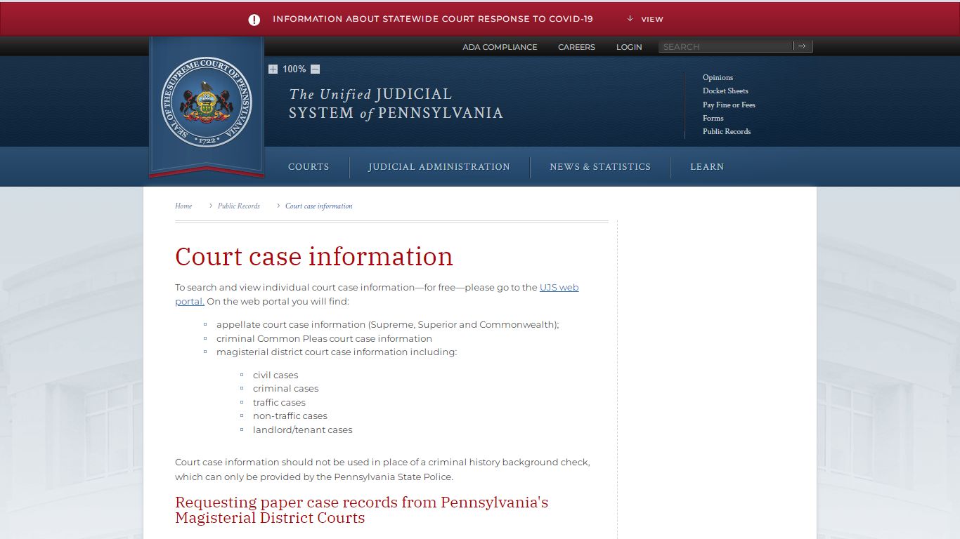 Court case information - Unified Judicial System of Pennsylvania